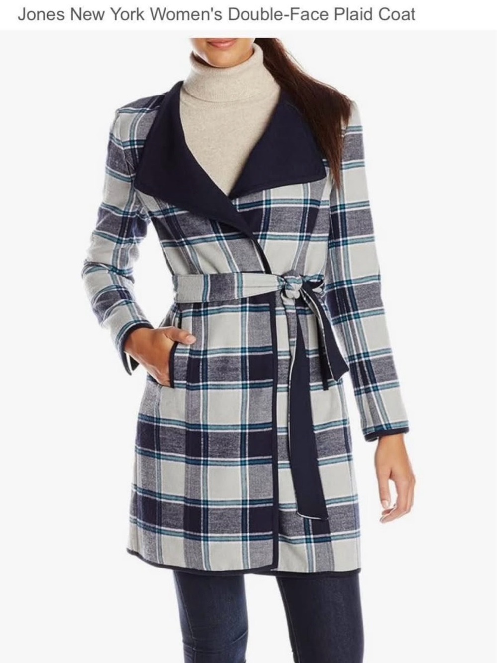 Jones New York Navy & Gray Plaid Belted Wrap Coat